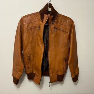 GENUINE LEATHER - Men's Tan Leather Bomber Jacket with removable Hood